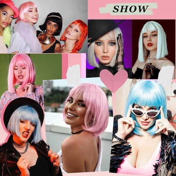 ? Women Black Shoulder Bob Wigs Straight Bangs Fiber Synthetic Hair Natural main image 6